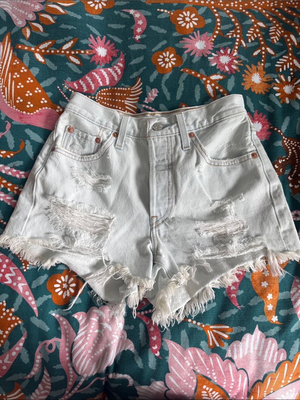 Levi's White Distressed High-Rise Denim Shorts